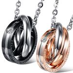 Oidea Pendants – 1 Pair (2pcs) Stainless Steel Friend Chains with Pendant "The World Looks Wonderful When I Am With You” engraving 3 rings pendants with neck chain, Black/Silver/Rose Gold