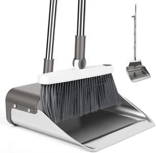Broom with Dustpan Combo Set, Heavy Duty Standing Metal Dust Pan with Teeth, Indoor Outdoor Up for Home Kitchen Lobby Room Office, Grey
