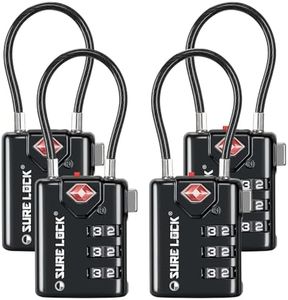 SURE LOCK TSA Compatible Travel Luggage Locks, Inspection Indicator, Easy Read Dials TSA Approved with Zinc Alloy Black 4 Pack