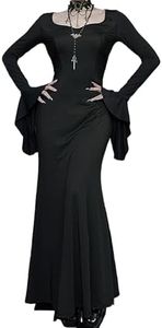 TSMNZMU Gothic Maxi Dresses for Women Dark Style Slim Long Dresses Long Flare Sleeve V-Neck Vintage Evening Dress, Halloween Slim Dress, Large