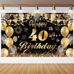 40th Birthday Decorations, Waylipun Happy 40th Birthday Backdrop Banner Photo Booth Sign Decoration, Large Black Gold Birthday Banner Background for Men Women 40th Birthday Party, 180×110cm