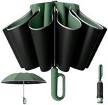 Automatic Extra Large Compact Umbrella with 10-Rib for Sun/Rain, Travel Windproof Folding Parasol with Hooking Handle, Inverted Dry Close and Safety Reflective Strips (Green)