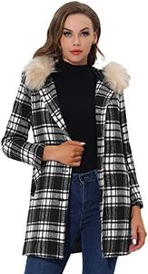 Allegra K Women's Winter Autumn Faux Fur Trim Hood Plaid Coat Jacket Outwear Black&White XL