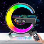 LED Table Lamp with Wireless Charger Atmosphere Lamp Bluetooth Speaker Alarm Clock Night Light for Bedside Dorm Office, Kids Adults Desk Table Lamp Christmas Gift Home Decor (Black)