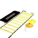 Speed and Agility Workout Ladder Training Equipment Set by F1TNERGY - Yellow 12 Rung Adjustable with Carrying Bag 10 Speed Cones (5 Orange 5 Yellow) 4 Pegs and D-Rings - Soccer Training Footbal