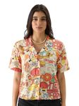 The Souled Store Tom and Jerry: New Year Short Sleeve Collared Neck Button Front Multicolor All Over Print Regular Fit Summer Shirts for Women and Girls - Fun and Vibrant Fashion for The Season