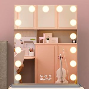 BEAUTME Vanity Mirror with Lights,Lighted Mirror with 15pcs Dimmable Bulbs,Tabletop or Wall Mounted Dressing Illuminated Beauty Mirror Touch Control and Plug in Adapter (Silver)