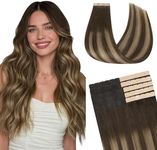 GOO GOO Tape in Hair Extensions Human Hair, 4/27/4 Balayage Chocolate Brown to Caramel Blonde, 22inch 40g 10pcs, Mini Tape Cut to Fit，Skin Weft Seamless Invisible, Remy Human Hair