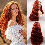 Angle Lucky Copper Red Wig for Women Synthetic Lace Front Wig Loose Curly Ginger Red Pre plucked Wig Heat Resistant Fiber Glueless Water Wave Wigs 26inch