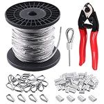 Glarks 72Pcs 1/8" 150ft Stainless Steel Wire Cable Assortment Kit, Wire Rope Aircraft Cable with Cutter, 20Pcs M3 Wire Rope Thimbles 50Pcs Aluminum Crimping Loop Sleeve Set for DIY Deck, Rail, Stair