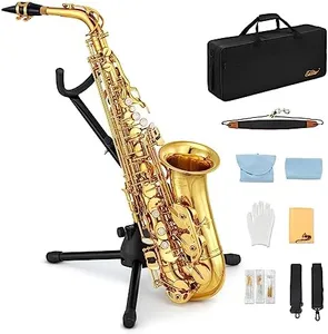 Eastar AS-Ⅱ Student Alto Saxophone E Flat Gold Lacquer Alto Beginner Sax Full Kit With Carrying Sax Case Mouthpiece Straps Reeds Stand