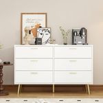 Hitow 6 Drawer Dresser for Bedroom, Modern Wide Double Dresser with Metal Legs, Home Office Storage Dresser, Chest of Drawers for Living Room, White (54" W x 15.6" D x 30.1" H)