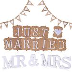 KINDPMA Just Married Decorations Mr and Mrs Sign Hessian Bunting Just Married Banner Love Heart Bunting Decoration Wedding Banners for Car Wedding Table Reception Garden Engagement