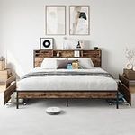 Maliacife Black King Bed Frame with Bookcase Headboard and USB Ports,Metal Platform Bed King Size with 4 Storage Drawers,Mattress Foundation,No Box Spring Needed,Industrial Style(Vintage Brown)