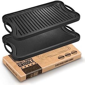 Fresh Australian Kitchen Large 20x10 Inch Pre-Seasoned Cast Iron Griddle. Reversible Flat Stove Top Double Burner Grill Pan Plate.