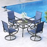 MFSTUDIO 5 Piece Outdoor Patio Dining Set, 4 Sling Swivel Padded Chairs and 37" Square Wrought Iron Slat Table with 1.57" Umbrella Hole Furniture Sets for Lawn Backyard Garden, Blue