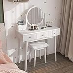 soges Vanity Table Set with 360° Pivoting Mirror and Cushioned Stool, Mulpurpose Makeup Table Dressing Table White Desk, with 3 Storage Drawers, White, CYS-DT002-CA