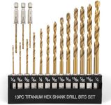 COMOWARE Titanium Twist Drill Bit Set - 13 Pcs Hex Shank High Speed Steel for Wood Plastic Aluminum Alloy, Quick Change, 1/16"-1/4"