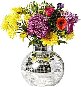 Disco Ball Planter | 7” Disco Ball Vase for Flowers & Plants | Handmade Silver Square Small Mirrors Center Piece | Disco Ball Plant Holder Silver