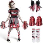 Spooktacular Creations Cheerleader Costume for Girls, Black and Red Dreadful Cheerleader Costume, Zombie Fearleader Costume for Halloween Dress Up Parties-S