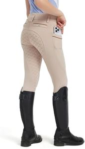 FitsT4 Sports Girls Horse Riding Pants Full Seat Silicone Girls Equestrian Pants Stretchy Kids Breeches Riding Tights Pockets Apricot S