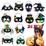 24Pack Rainbow Scratch Art Game Masks,Halloween Mask,Kids Magic Scratch Paper Art Masks Set,Bat Witch Pumpkin Skull Mask