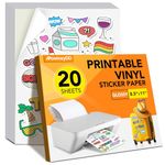 20 PCS Sticker Paper for Inkjet Printer，Printable Vinyl Sticker Paper Dries Quickly Vivid Colors，8.5"x11" Tear Resistant Printable Vinyl，Glossy White,Inkjet & Laser Printer