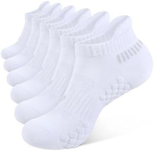 CLOSEMATE Mens Running Ankle Socks Terry Cushioned Moisture-Wicking Low Cut Athletic Socks Anti-Blister Comfort 6 Pairs(6White,Size L)