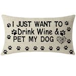 NIDITW Nice Gift With Sweet Warm Quote I Just Want to Drink Wine And Pet My Dog Black Waist Lumbar Cotton Linen Cushion Cover Pillow Case Cover Home Chair Couch Outdoor Decor Rectangle 12x20 inches