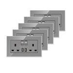 5 Pack CNBINGO Glass Double Switched Socket with 2 USB-A Charging Ports, Grey Tempered Glass Panel Wall Outlet, 2 Gang 13 Amp Electric Power Socket