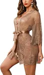 Avidlove Women's Lace Kimono Robe Sexy Babydoll Lingerie Mesh Nightgown Khaki