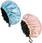 BOWINR 2 Pcs Silk Bonnet Sleep Cap, Adjustable Silk Bonnet Sleep Cap Waterproof Satin Hair Cap Night Cap Double Layer Satin Bonnet for Women Girls Black Curly Hair