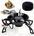 VOYBLAZ portable gas camping stove, 12000BTU, black carbon steel material, piezoelectric ignition, 39-inch hose, all-copper adapter, equipped with a storage bag