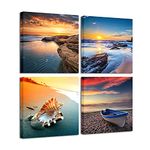 Pyradecor Sunset Sea Beach Modern Seascape Pictures Paintings on Canvas Wall Art 4 Panels Stretched and Framed Giclee Canvas Prints Artwork for Living Room Bedroom Home Office Decorations