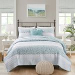 Madison Park Queen Quilt Set, Seersucker Floral Coverlet, All Season Lightweight Microfiber Bedding Quilt Set, Vermicelli Quilting Design, Throw Pillow, Caralie, Full/Queen Aqua 4 Piece