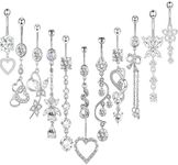 TIANCI FBYJS 14G Women Belly Button Rings Surgical Stainless Steel Dangle Belly Rings 10mm Heart Belly Piercings Flower Butterfly Navel Jewelry 11pcs (silver)