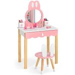 KOTEK Kids Vanity Set w/Mirror and Stool, 2 in 1 Wooden Princess Makeup Dressing Table w/Detachable Top, Large Drawer & Solid Wood Legs, Pretend Play Vanity Table Set for Girls (White)