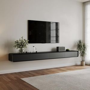POVISON Fully-Assembled Minimalist Floating TV Stand, Modern Wall-Mounted Entertainment Center with 4 Flip-Down Cabinet Doors, Solid Wood Media Console, 110.24"