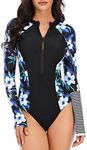 Runtlly Women's One Piece Rash Guard Swimsuit Sleeveless Zipper Surfing UPF 50+ Surfing Bathing Suit, R Blackblue Flower, Medium