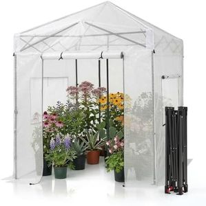 CROWN SHADES 8x6 Walk-in Greenhouse for Outdoor Garden, Portable Pop Up Plant Greenhouse with Steel Frame and PE Cover, Roll Up Zipper Door and Mesh Vent Windows for Backyard Growing（White）