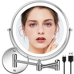 Rechargeable Lighted Wall Mounted Makeup Mirror, 8" Double-Sided 1X/10X Magnifying Bathroom Mirror with 3 Color Lighting, Touch Screen Dimmable 360° Swivel 13 Inch Extendable Chrome Vanity Mirror