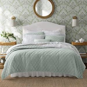 Laura Ashley - King Quilt Set, Solid Velvet Reversible Bedding, All Season Home Decor with Shams & Bonus Pillow Cover (Diamond Stitch Sage Green, King)