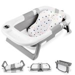 LIVINGbasics Foldable Baby Bath Tub for Infants to Toddler, Anti-Slip Portable Travel Shower Basin with Soft Support Cushion and Temperature Sensor