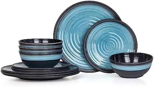 Vaisselle de table de camping en mélamine pour 4 personnes - 12 pièces - Passe au lave-vaisselle - Service de pique-nique - Vaisselle de camping - Design bleu pierre