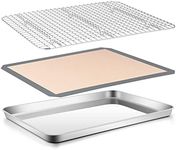 Cookie Sheet with Rack Set, E-far 16”x12” Stainless Steel Baking Sheet Pan for Oven Cooking, Rimmed Metal Tray with Wire Rack & Silicone Baking Mat for Cooling Roasting Bacon Steak - Dishwasher Safe