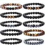 WAINIS 10 Pcs Lava Rock Beaded Bracelets for Men Women Tiger Eye Hematite Black Onyx Matte Beads Essential Oil Diffuser Anxiety Bracelets Stress Relief Bracelets Bulk, 8MM, Stone, Onyx