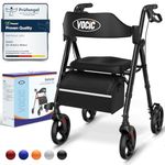 VOCIC Rollator Walker with Seat, Brakes, Bag, Foldable Walking Aid, Adjustable Height, Lightweight Walker for Disabled, 20cm/8'' Wheels for All Terrain, 5 Year Support, Black