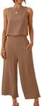 ANRABESS Women's Summer 2 Piece Outfits Sleeveless Crop Top Capri Wide Leg Pants Jumpsuit Casual Linen Lounge Matching Sets Beach Travel 2024 Trendy Clothes Light Brown Medium