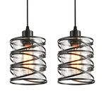 IHENGYANLT 2 Pack Pendant Light Kitchen Island Pendant Lighting, Glass Hanging Light with Spiral Cage Clear Glass Shade, Black Modern Indoor Hanging Lamp for Dining Room Kitchen Island Bedroom