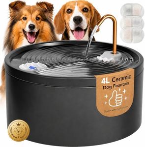 MISFANS Ceramic Dog Water Fountain, 4L/135oz/1.1Gal – All-Ceramic Body with Copper Water Spout – Pet Drinking Fountain for Medium & Small Dogs, Ultra-Quiet Pump, Includes 3 Filters & Sponges
